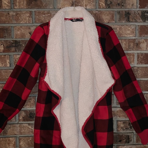 buffalo plaid sherpa cardigan